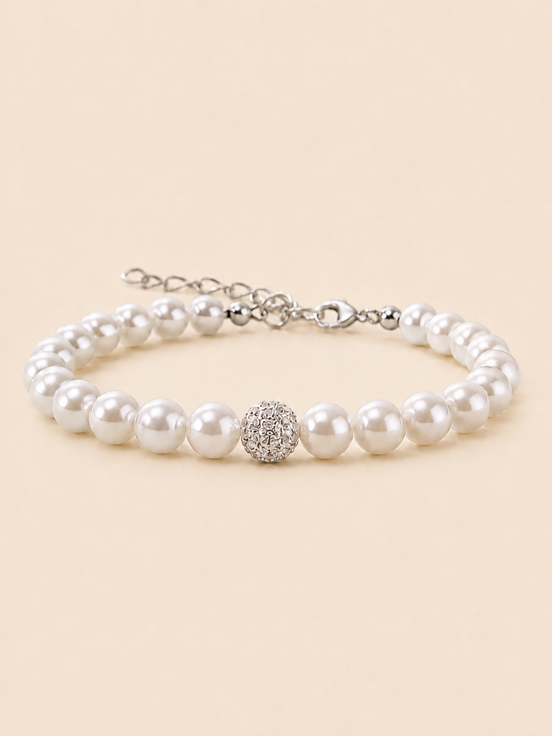 Perugia – Weisses Perlenarmband mit Zirkonia-Pavé-Kugel