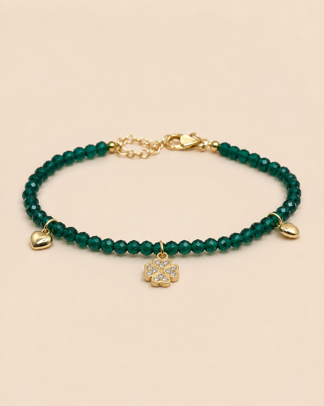 Palermo – Grünes Kristallarmband mit Herz, Plättchen und Zirkonia-Kleeblatt