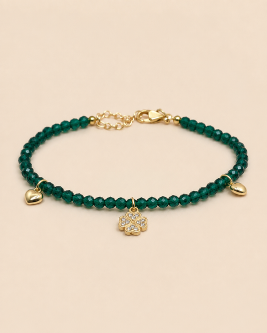 Palermo – Grünes Kristallarmband mit Herz, Plättchen und Zirkonia-Kleeblatt