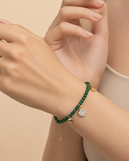 Palermo – Grünes Kristallarmband mit Herz, Plättchen und Zirkonia-Kleeblatt