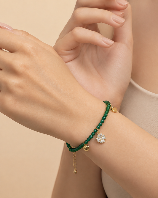 Palermo – Grünes Kristallarmband mit Herz, Plättchen und Zirkonia-Kleeblatt