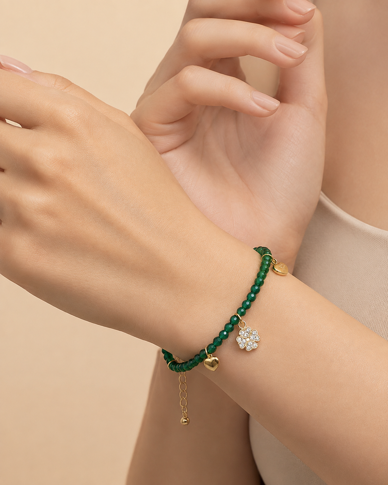 Palermo – Grünes Kristallarmband mit Herz, Plättchen und Zirkonia-Kleeblatt