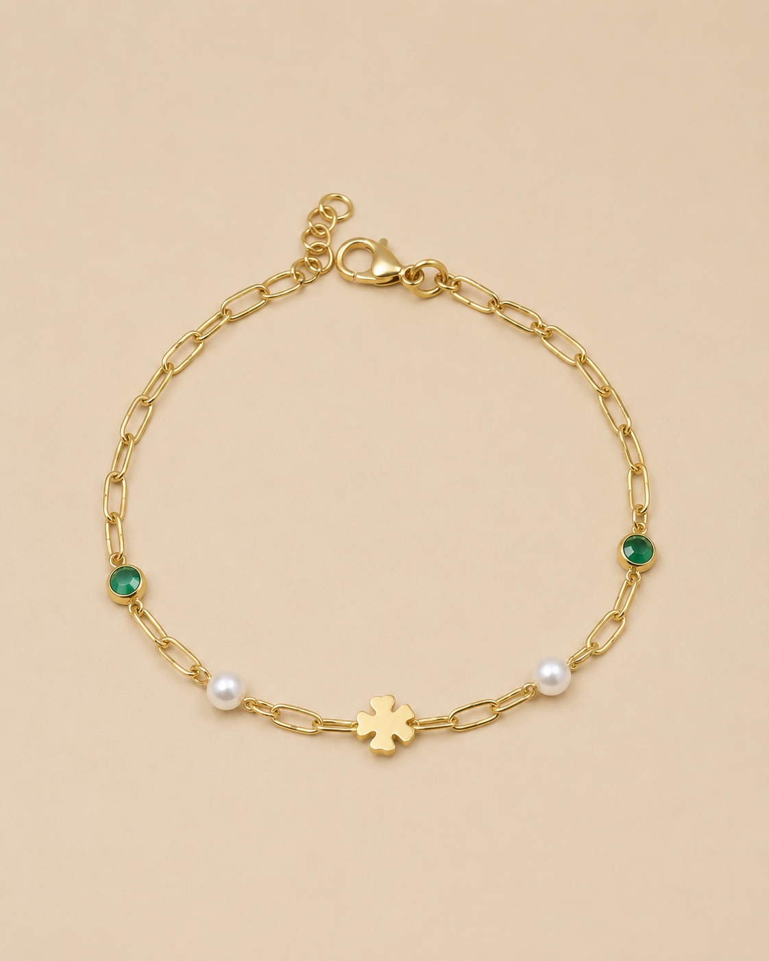 Ostuni – Vergoldetes Armband mit Perlen und grünem Zirkonia