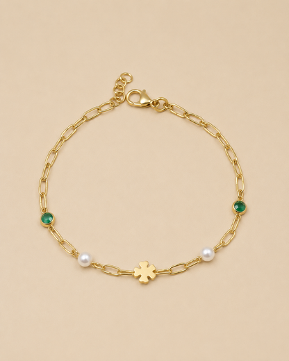 Ostuni – Vergoldetes Armband mit Perlen und grünem Zirkonia
