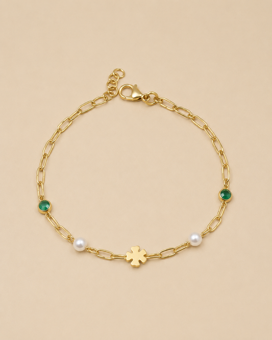 Ostuni – Vergoldetes Armband mit Perlen und grünem Zirkonia