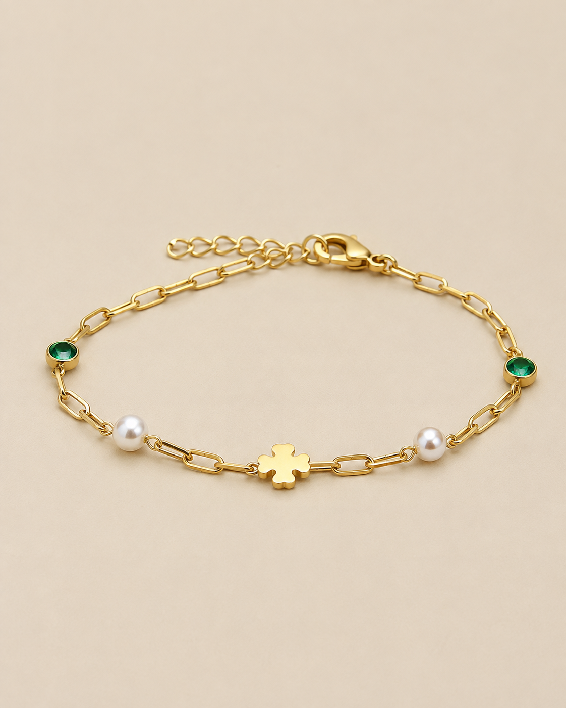 Ostuni – Vergoldetes Armband mit Perlen und grünem Zirkonia