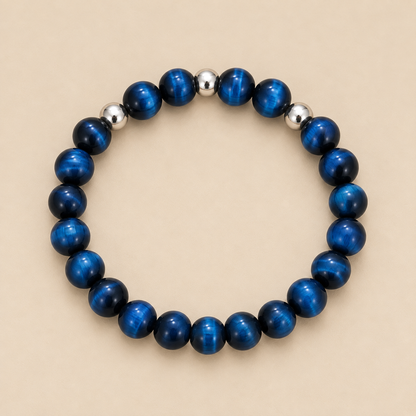 Luzern – Blaues Tigerauge-Armband mit drei Silberperlen