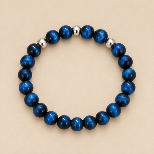 Luzern – Blaues Tigerauge-Armband mit drei Silberperlen