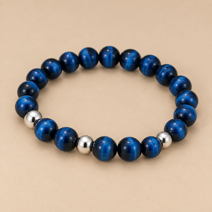 Luzern – Blaues Tigerauge-Armband mit drei Silberperlen