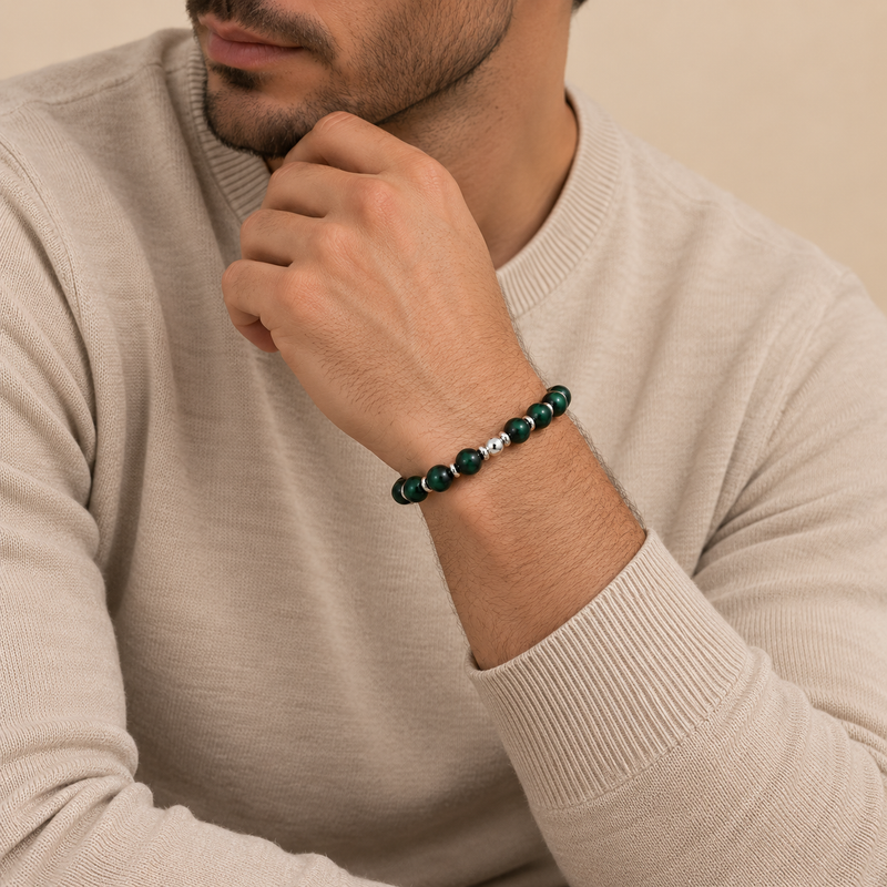 Montreux – Grünes Tigerauge-Armband mit Silberdetails