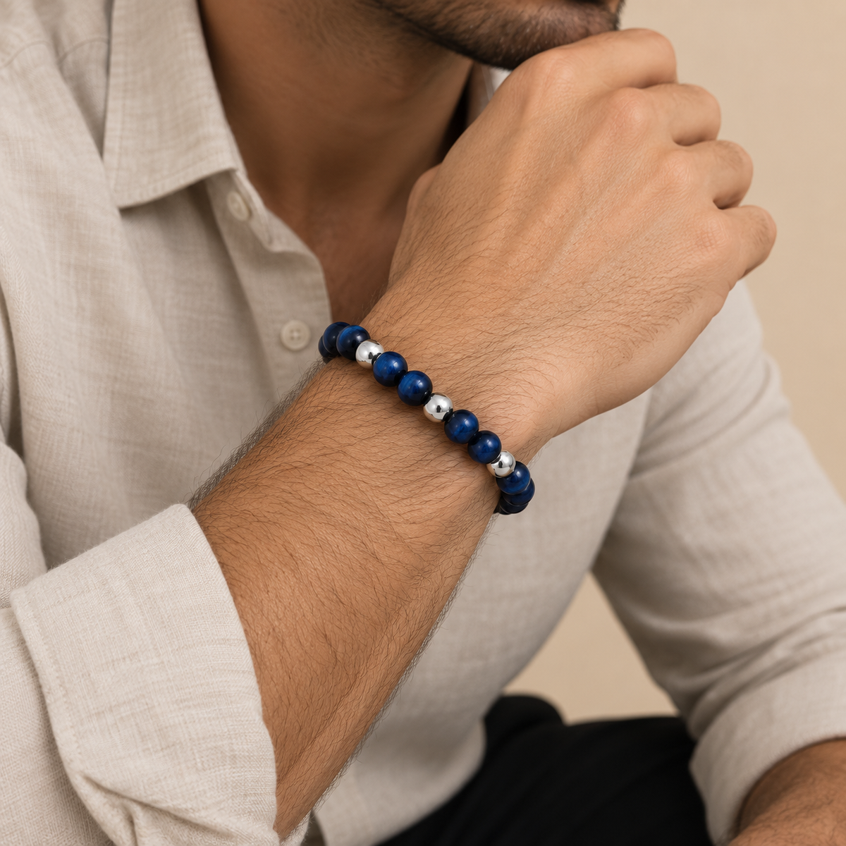 Luzern – Blaues Tigerauge-Armband mit drei Silberperlen