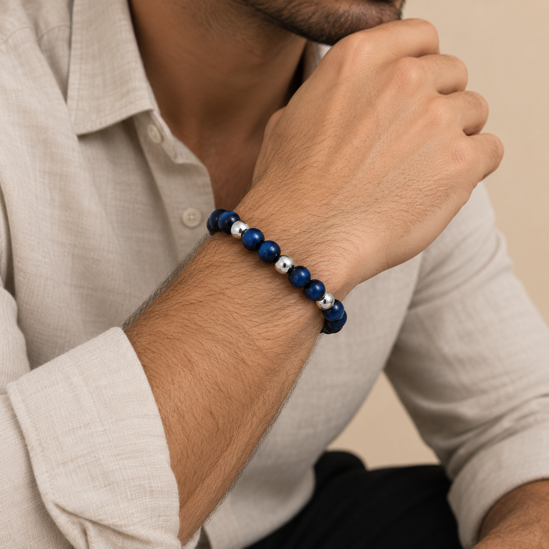 Luzern – Blaues Tigerauge-Armband mit drei Silberperlen