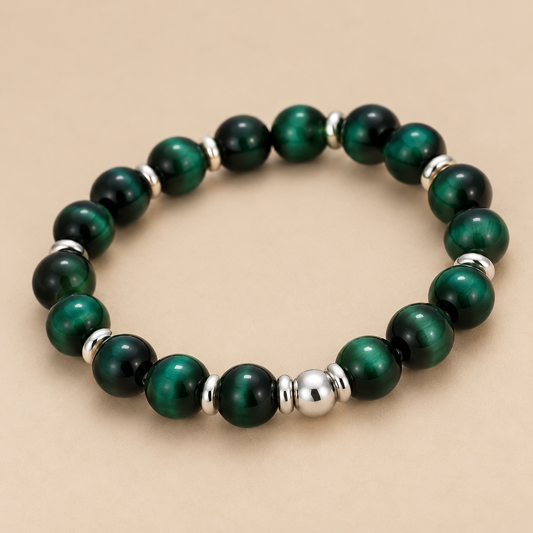 Montreux – Grünes Tigerauge-Armband mit Silberdetails