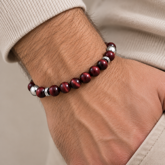 Sion – Rotes Tigerauge-Armband mit Silberdetails